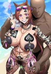 1boy 1girl ai_generated alternate_breast_size animal_ears arm_tattoo armpit_hair bald beach belly_chain black_pubic_hair blacked body_writing bodypaint breast_tattoo breasts brown_hair chain chain_necklace colored_nipples completely_nude condom condom_belt cum dark-skinned_male dark_areolae dark_nipples dark_skin ear_ornament excessive_pubic_hair eyewear_on_head faceless faceless_male facial_tattoo female female_pubic_hair fingernails flower_in_eye flower_tattoo gold_chain grin hetero horse_ears horse_girl horse_tail huge_breasts interracial jewelry lactation large_areolae large_breasts leg_tattoo long_fingernails long_hair looking_at_viewer male male_pubic_hair middle_finger mismatched_pubic_hair multiple_condoms muscular muscular_male navel navel_piercing neck_tattoo necklace nipple_bar nipple_chain nipple_piercing nipple_piercings nipple_rings nipples nose_piercing nude outdoors penis piercing ponytail pubic_hair pubic_tattoo purple_eyes pussy_juice queen_of_spades sakura_bakushin_o_(umamusume) sex sex_from_behind shoulder_tattoo smile standing standing_sex stray_pubic_hair sunglasses symbol-shaped_pupils tail tally tattoo umamusume umamusume_pretty_derby used_condom vaginal