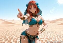 1girl ai_generated armlet bangs bare_shoulders beach blue_bow blue_eyes blue_sky bow bracelet bracer braid breasts circlet cleavage closed_mouth cowboy_shot dancer day desert facial_mark gem gensin_impact hair_bow hand_on_hip jewelry kermixx long_hair looking_at_viewer medium_breasts midriff navel nilou_(genshin_impact) outdoors pelvic_curtain pointing pointing_at_viewer red_hair sand sky smile solo standing stomach sun veil watermark