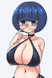 1girl 1girls belly belly_button big_breasts bikini blue_eyes blue_hair breasts female female_focus female_only glasses waist