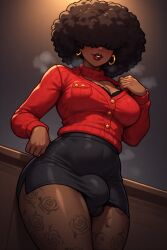 afro ai ai_generated black_futa black_skin bulge bulge_through_clothing charlotte_(tomioman) covered_eyes dark-skinned_female dark-skinned_futa dark_skin dominant dominant_female ebony female female_only futa futanari golden_earrings jewelry pencil_skirt sweater teacher thigh_highs thighhighs tights