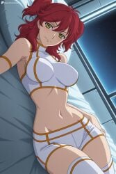 1girl ai_generated bed blush breasts closed_mouth crop_top digitalwaifugallery earrings freckles gundam hi_res high_quality high_resolution jewelry large_breasts looking_at_viewer lying midriff navel nena_trinity night on_bed patreon patreon_username red_hair seductive sexy shorts smile solo thighhighs two_side_up uncensored watermark white_shorts white_thighhighs window yellow_eyes