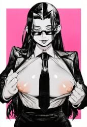 1girl 2026 2d absurd_res absurd_resolution absurdres ai_generated border breasts breasts_out brutus_(artist) collared_shirt flashing formal greyscale_with_colored_background hi_res high_quality high_resolution highres image jacket large_breasts long_hair long_sleeves looking_at_viewer looking_over_eyewear monochrome necktie nipples no_bra open_clothes open_shirt parted_lips pink_background shiny_skin shirt skirt smile solo suit sunglasses uncensured upper_body