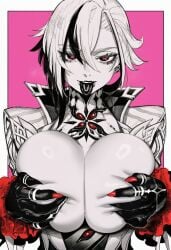 1girl 2026 2d absurd_res absurd_resolution absurdres ai_generated arlecchino_(genshin_impact) black_hair breasts brutus_(artist) deep_skin genshin_impact grabbing_own_breast hair_between_eyes hi_res high_quality high_resolution highres huge_breasts image jewelry large_breasts looking_at_viewer multicolored_hair ring shiny_skin short_hair solo streaked_hair symbol-shaped_pupils tongue tongue_out uncensured upper_body white_hair x-shaped_pupils