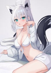1girls absurdres ahoge animal_ear_fluff animal_ears aqua_eyes bikini blush braid breasts cleavage collarbone commentary crossed_bangs earrings extra_ears fox_ears fox_girl fox_tail hair_between_eyes highres hololive jewelry long_hair looking_at_viewer medium_breasts navel parted_lips paw_pose shin_insh shirakami_fubuki shorts simple_background single_braid single_earring solo swimsuit tail twintails virtual_youtuber white_background white_hair white_shorts