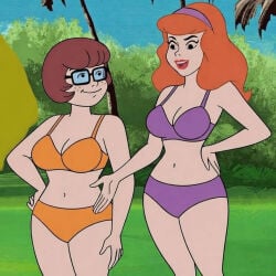 2girls brown_hair daphne_blake female female_only glasses orange_bra orange_panties purple_bra purple_panties red_hair scooby-doo screenshot_edit underwear underwear_only velma_dinkley