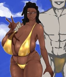 1boy 1girls 2026 arm_around_shoulders bikini black_hair cameltoe curvy dark-skinned_female dreadlocks gemma_(smo) glasses golden_bikini hand_on_leg huge_breasts light-skinned_male looking_sideways muscular original original_character simple_background smoxul smozuru standing sweat swimsuit swimwear unseen_male_face wide_hips