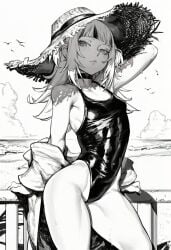 1girl 2026 2d absurd_res absurd_resolution absurdres ai_generated bare_shoulders beach blunt_bangs breasts brutus_(artist) choker closed_mouth cloud fins fish_tail gawr_gura greyscale hat hi_res high_quality high_resolution highleg highleg_swimsuit highres hololive image long_hair looking_at_viewer monochrome multicolored_hair ocean one-piece_swimsuit outdoors shark_girl shark_tail shiny_skin small_breasts solo straw_hat streaked_hair sun_hat swimsuit tail thighs uncensured virtual_youtuber