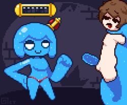 1boys 1girls animated assertive_female balls black_eyes blue_hair blue_skin brown_hair chibi gif hand_on_hip handjob handjob_gesture ice monster_girl naked navel nude octotron2000 orgasm_denial penis pixel_art restrained self_upload short_hair slime slime_girl small_breasts smile smiling smug submissive_male thick_thighs thong tongue tongue_out video_game_mechanics white_eyes wide_hips
