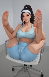 ai_generated barefoot belly_folds black_hair cameltoe eyelashes fat_pussy female female_only glutes hair_tie headband holding_own_legs holding_own_legs_up inviting large_breasts legs_apart legs_held_apart legs_held_back legs_held_open legs_held_up legs_open light-skinned_female lipstick looking_at_viewer nipple_outline office_chair on_chair petite pink_pupils ponytail presenting_pussy pussy_visible_through_clothes red_pupils rgomez007 seductive_look self_upload simple_background skindentation solo_female sports_bra stable_diffusion thick_eyelashes thick_lips thick_thighs voluptuous warm_lighting yoga_shorts