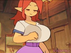 1girls animated areolae big_breasts big_nipples blue_eyes blush bouncing_breasts breasts breasts_bigger_than_head cremia cute elf_ears exposed_breasts female female_focus female_only flashing full_breasts gif hylian hylian_ears light_skin long_hair malon nintendo no_bra ocarina_of_time red_hair removing_clothing revealing_breasts smile smiling smooth_animation solo the_legend_of_zelda tight_clothing topless topless_female undressing wamudraws
