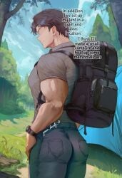 1boy 1boys ai_generated b34sty_0 backpack black_hair blue_jeans boy comic comic_page day doujin faceless faceless_character faceless_male forest grey_shirt grey_t-shirt hands_on_hips jeans man muscular muscular_male oc original_character original_characters outdoors patreon r18 shirt short_hair smile standing t-shirt tent title_page watermark