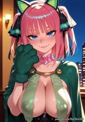 1girl 2026 ai_generated animal_ears animal_hands anime areola_slip bangs black_ribbon blue_eyes blunt_bangs blush boobs breasts butterfly_hair_ornament cape cat_ears cleavage closed_mouth collarbone covered_nipples crossover eye_contact fake_animal_ears female female_focus flushed gloves go-toubun_no_hanayome hair_accessory hair_ornament hair_ribbon handwear highres huge_breasts large_breasts lips looking_at_viewer nakano_nino neutral_expression night nsfw patreon paw_gloves pink_hair revealing_clothes ribbon rognezart short_hair smile smiling solo two_side_up upper_body