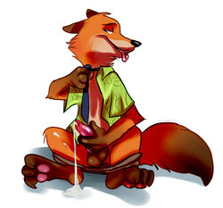 1boy anthro balls canine clothed clothing cum disney dripping erection fox front_view glitter_trap_boy holding_penis knot leaking leaking_penis male male_only mammal masturbation naughty_face necktie nick_wilde open_shirt pants pants_down partially_clothed penis seductive shirt sitting solo tapering_penis tongue tongue_out undressing zootopia