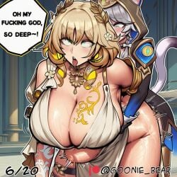 1girl 2026 2d 2girls absurd_res absurd_resolution absurdres aglaea_(honkai:_star_rail) ahegao ai_generated animal_ears blonde_hair breast_tattoo breasts cat_ears cat_girl cat_tail cipher_(honkai:_star_rail) cleavage comic dress english_text futa_with_female futanari goonie_bear green_eyes grey_hair hair_ornament hi_res high_quality high_resolution highres honkai:_star_rail honkai_(series) hood hoyoverse huge_breasts image implied_futanari lactation mihoyo multiple_girls open_mouth patreon patreon_username pixiv_logo rolling_eyes sex sex_from_behind speech_bubble standing_sex stomach_bulge sweat tail tattoo tongue tongue_out uncensured watermark