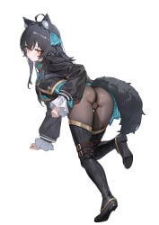 1girl absurdres animal_ears ass black_hair boots commentary eco_376124 highres legwear looking_at_viewer pantyhose pussy pussy_visible_through_clothes simple_background solo svartlilja_(vrchat) tail thigh_boots vrchat white_background