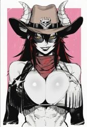1girl 2026 2d abs absurd_res absurd_resolution absurdres ai_generated bandana bare_shoulders black_hair breasts brutus_(artist) cleavage cowboy_hat cowboy_western detached_sleeves grin hair_between_eyes hat hi_res high_quality high_resolution highres horns huge_breasts image large_breasts long_hair looking_at_viewer multicolored_hair pink_background red_hair scarf sharp_teeth shiny_skin slit_pupils smile solo sunglasses teeth uncensured upper_body yellow_eyes zentreya zentreya_(dragon)