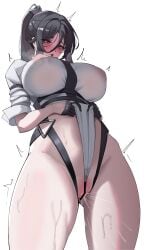 1girl absurdres bar_censor belt black_belt black_gloves black_necktie blush breasts censored covered_nipples e.h._(junkyard_vanguard)_(nikke) e.h._(nikke) english_commentary gloves goddess_of_victory:_nikke half_gloves highres large_breasts leotard leotard_pull long_hair looking_at_viewer minji_(jimin10804) necktie office_lady open_mouth partially_visible_vulva ponytail pulling_own_clothes pussy_juice red_eyes simple_background solo tongue tongue_out white_background white_leotard