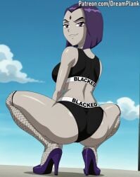 1girls ai_assisted ai_generated ass ass_focus back_boob big_ass blacked blacked_clothing breasts dc dreamplank edit female female_only fishnets forehead_jewel from_behind goth goth_girl grey_skin grok high_heel_boots high_heels jewel_on_forehead large_breasts looking_at_viewer pale_skin panties purple_hair rachel_roth raven_(dc) short_hair smile solo sports_bra spreading spreading_legs squatting teen_titans