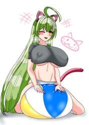 1girl ahoge ball_(object) beach_ball blush blushing_at_viewer breasts busty cat cat_tail catgirl crop_top fang feeling_pleasured female_masturbation green_hair huge_breasts improvised_sex_toy inflatable long_hair masturbation oerba_yun_fang on_ball original original_character panties pink_cat_ears pink_cat_tail pool_toy riding rubbing rubbing_pussy sitting sitting_on_ball sitting_on_beach_ball underboob yellow_eyes