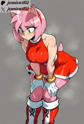 1girl ai_generated amy_rose animal_ears animal_nose artist_name bare_shoulders blush boots bracelet breasts clothing dress female footwear furry furry_female gloves green_eyes grey_background hairband hands_on_own_knees headwear hedgehog_ears hedgehog_tail jennieart02 jewelry knee_boots large_breasts leaning_forward looking_down pantyhose patreon patreon_logo patreon_username pink_fur pink_hair red_dress red_footwear red_hairband red_skirt short_hair simple_background sleeveless solo sonic_the_hedgehog_(series) steaming_body sweat tail thick_thighs thighs twitter twitter_username watermark white_gloves