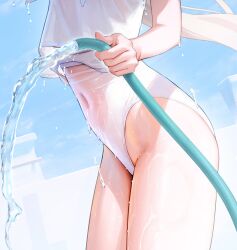 1girl 1girls absurd_res blonde_hair close-up covered_navel crop_top female_focus groin highleg highres holding holding_hose hose long_hair lower_body mignon navel_focus one-piece_swimsuit original original_character solo solo_focus swimsuit swimsuit_under_clothes water wet wet_clothes wet_swimsuit white_one-piece_swimsuit