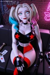1girl ai_generated black_gloves blonde_hair blue_eyes breasts choker cleavage dc_comics eyeshadow fingerless_gloves gloves gradient_hair harley_quinn hi_res high_quality high_resolution large_breasts looking_at_viewer makeup multicolored_hair patreon patreon_username pink_hair seductive sexy sitting smile solo spicytoonai spiked_bracelet twintails uncensored watermark