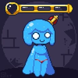 1girls animated blue_hair blue_skin breast_expansion breasts chibi crown fake_breasts female_only gif huge_breasts monster_girl octotron2000 pixel_art self_upload shortstack slime slime_girl small_breasts smile smiling smug solo solo_female thick_thighs thong topless video_game_mechanics white_eyes wide_hips
