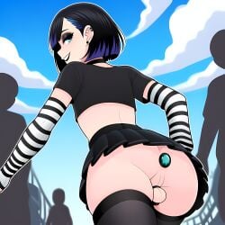 ai_generated black_hair blue_eyes buttplug chastity_cage choker commando crop_top detached_sleeves dyed_bangs dyed_hair exhibitionism femboy feminine_male goth medium_hair no_panties piercings public punk short_skirt slutty_male striped_sleeves thighhighs trap