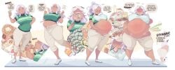 1girls ass_expansion belly_expansion big_ass big_belly big_breasts breast_expansion button_pop dark-skinned_female dialogue eating eating_food elf elf-san_wa_yaserarenai elf_ears elf_female expansion grabbing_own_belly kuroeda navel pudgy_belly softservice tagme weight_gain white_hair