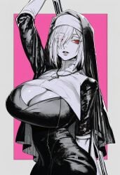 1girl 2026 2d absurd_res absurd_resolution absurdres ai_generated arm_up breasts brutus_(artist) cleavage cleavage_cutout clothing_cutout cross cross_necklace dress eyes_visible_through_hair gladiia_(arknights) greyscale_with_colored_background habit hair_over_one_eye hi_res high_quality high_resolution highres holding huge_breasts image jewelry large_breasts long_eyelashes looking_at_viewer necklace nun parted_lips pink_background red_eyes shiny_skin short_hair solo spot_color uncensured