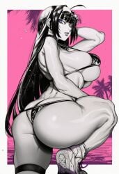 1girl 2026 2d absurd_res absurd_resolution absurdres ahoge ai_generated ass bikini blunt_bangs breasts brutus_(artist) earrings eyewear_on_head from_behind greyscale_with_colored_background hi_res high_quality high_resolution highres honkai:_star_rail honkai_(series) hoyoverse huge_breasts image jewelry large_breasts long_hair looking_at_viewer looking_back mihoyo monochrome palm_tree parted_lips purple_eyes raiden_mei shiny_skin shoes sideboob skindentation sneakers solo spot_color sunglasses swimsuit thick_thighs thigh_strap thighs tree uncensured