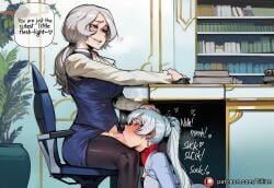 2girls ai_generated blue_eyes breasts chair deepthroat english_text fellatio futa_with_female futanari indoors irrumatio long_hair multiple_girls office office_chair oral ponytail rwby sitting speech_bubble swivel_chair tillian weiss_schnee willow_schnee