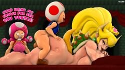 1boy 2girls 3d 3d_(artwork) angry ass balls big_ass big_breasts big_butt big_thighs black_nail_polish black_nails blonde_hair bowsette breasts brown_shoes bubble_ass bubble_butt butt crown curvy duo_focus horns humanoid kabalmystic_(style) larger_female light-skinned_female light-skinned_male light_skin lips lipstick mario_(series) mushroom_humanoid nail_polish nintendo open_mouth pointy_ears red_eyes red_lipstick relliksb sex shoes shorter_female shorter_male smaller_female smaller_male spiked_shell tail taller_female text thick thick_ass thick_butt thick_hips thick_thighs thighs toad_(mario) toadette trio