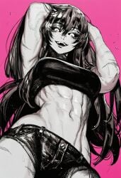 1girl 2026 2d abs absurd_res absurd_resolution absurdres ai_generated armpits arms_up black_sclera breasts brutus_(artist) crop_top fangs from_below greyscale_with_colored_background hair_between_eyes hi_res high_quality high_resolution highres image long_hair looking_at_viewer looking_down midriff monochrome muscular muscular_female navel oc open_mouth original original_character pink_background scar scar_on_arm shiny_skin short_shorts shorts simple_background smile solo teeth toned uncensured