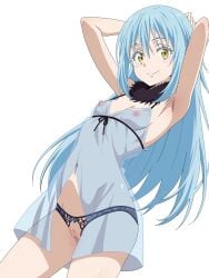 1girl absurdres akinoya armpits arms_behind_head arms_up babydoll black_panties blue_babydoll blue_hair blur_censor breasts censored closed_mouth commentary_request covered_navel female female_only from_below genderswap genderswap_(otf) hair_between_eyes highres lace lingerie long_hair navel nipples panties pussy rimuru_tempest see-through_clothes simple_background small_breasts smile tensei_shitara_slime_datta_ken thighs underwear white_background yellow_eyes