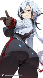 1girl ai_generated arlecchino_(genshin_impact) artist_name ass bangs black_eyes black_gloves black_hair breasts cameltoe closed_mouth from_behind from_below fur_trim genshin_impact gloves hair_between_eyes hoyoverse jewelry large_breasts long_hair long_sleeves looking_at_viewer looking_back multicolored_hair pants patreon pointing questionable red_pupils ring senpai_pixels sensitive simple_background smile solo streaked_hair sweat symbol-shaped_pupils thighs two-tone_hair wet white_background white_hair x-shaped_pupils