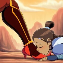 2girls ai_generated avatar_the_last_airbender azula clothed dark-skinned_female dark_brown_hair dark_skin face_out_of_frame foot_focus foot_kiss katara kissing_foot laying_down novelai on_stomach outdoors outside submissive submissive_female