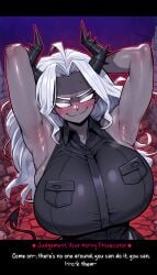 1female 1girls 3:4 ai ai-created ai_art ai_assisted ai_female ai_generated artist_logo artist_name artist_request artist_signature artist_upload artist_website black_shirt blush blush_lines blushing blushing_at_viewer blushing_female contrapposto dark_skin demon_tail digital_art digital_drawing digital_drawing_(artwork) digital_media digital_media_(artwork) digital_painting digital_painting_(artwork) entrophex123 female_focus floating_hair focus focus_on_female focus_on_human grey_skin helltaker high_heels high_quality high_resolution highres horns judgement_(helltaker) muscular_female patreon patreon_artist patreon_link patreon_logo patreon_reward patreon_url patreon_username silver_eyebrows silver_eyes silver_hair solo solo_female solo_focus solo_in_panel spiked_horns watermark