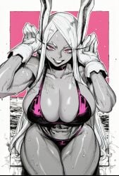 1girl 2026 2d abs absurd_res absurd_resolution absurdres ai_generated animal_ears bare_shoulders bikini boku_no_hero_academia border breasts brutus_(artist) choker cleavage collarbone dark-skinned_female dark_skin gloves greyscale_with_colored_background hands_up hi_res high_quality high_resolution highres image large_breasts long_eyelashes long_hair looking_at_viewer mirko monochrome muscular muscular_female my_hero_academia navel parted_bangs pink_background rabbit_ears rabbit_girl red_eyes rumi_usagiyama shiny_skin sitting smile solo spot_color sweat swimsuit thick_thighs thighs toned uncensured very_long_hair wet white_gloves white_hair