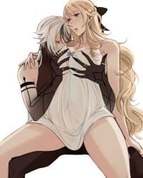 arlecchino_(genshin_impact) big_breasts couple female female_only fondling_breast genshin_impact hands_on_breasts legs_apart navia_(genshin_impact) pregnant_female sitting_on_lap yuri