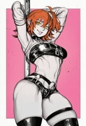 1girl 2026 2d absurd_res absurd_resolution absurdres ahoge ai_generated armpits arms_up belt breasts brutus_(artist) cowboy_shot crop_top detached_sleeves fate/grand_order fate_(series) fujimaru_ritsuka_(female) grin hair_between_eyes hair_ornament hair_scrunchie hi_res high_quality high_resolution highres image looking_at_viewer medium_breasts midriff navel o-ring one_side_up orange_eyes orange_hair pink_background pole pole_dancing scrunchie shiny_skin short_shorts shorts side_ponytail skindentation smile solo stripper_pole thick_thighs thigh_strap thighhighs thighs uncensured yellow_eyes