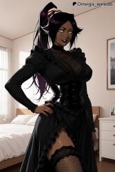 1girl ai_generated bed bedroom big_breasts black_lips black_lipstick bleach bleach:_the_thousand-year_blood_war blush corset dark-skinned_female dark_hair dark_skin dress eyeshadow fishnet_stockings fishnets goth goth_girl goth_makeup gothic gothic_girl gothic_lolita hand_on_hip indoors lolita_dress lolita_fashion long_hair looking_at_viewer makeup nail_polish omega_weirdo patreon posing posing_for_the_viewer smile smiling smiling_at_viewer solo solo_female solo_focus standing stockings yellow_eyes yoruichi_shihouin