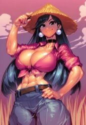 1girls abs ai_generated big_breasts black_eyes black_hair chinese_female clothed clothing color farm farmgirl female female_focus female_only gigiti gwen_(trogiai) hat hi_res jewelry large_breasts light_skin long_hair looking_at_viewer slim_waist solo solo_female straw_hat tagme thick_thighs trogiai