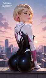ai_generated ass back_view blonde_hair blue_eyes bodysuit cosplay costume gwen_stacy gwen_stacy_(spider-verse) looking_at_viewer mature_female paid_reward_available patreon petite sebassart sexy sitting solo superheroine tight_clothing