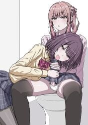 2girls akiyama_mizuki brown_hair chin_gero oral penis pink_hair shinonome_ena through_clothes toilet tongue trans_woman transfem transgender