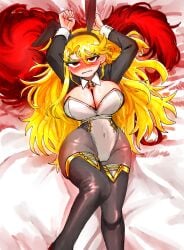 1girl animal_ear_hairband animal_ears black_pantyhose blonde_hair blush breasts cleavage covered_navel detached_collar don_quixote_(limbus_company) fake_animal_ears grimace hairband highleg highleg_leotard highres la_manchaland_(identity)_(project_moon) large_breasts leotard limbus_company long_hair looking_at_viewer lying on_back on_bed open_mouth pantyhose playboy_bunny project_moon rabbit_ear_hairband rabbit_ears red_eyes sancho_(limbus_company) solo strapless strapless_leotard thighhighs udiedguy white_wrist_cuffs wrist_cuffs