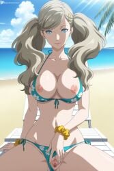 1girl ai_generated ann_takamaki beach bikini bikini_bottom_aside blonde_hair blue_bikini blue_eyes blue_sky breasts censored chair clitoris closed_mouth clothing_aside cloud collarbone day digitalwaifugallery front-tie_bikini_top front-tie_top hair_ornament hairclip halterneck hi_res high_quality high_resolution large_breasts long_hair looking_at_viewer navel nipples ocean outdoors patreon persona pussy scrunchie seductive sexy side-tie_bikini_bottom sitting sky smile solo spread_legs spread_pussy stomach swept_bangs swimsuit thighs tree twintails uncensored watermark wrist_scrunchie yellow_scrunchie