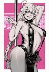 1girl 2026 2d absurd_res absurd_resolution absurdres ahoge ai_generated arm_up armpits bare_shoulders blue_eyes blush braid breasts brutus_(artist) choker dress greyscale_with_colored_background grin hair_between_eyes hi_res high_quality high_resolution highres image kiana_kaslana long_hair looking_at_viewer medium_breasts monochrome navel pole pole_dancing shiny_skin smile solo spot_color stripper_pole thighs twin_braids uncensured very_long_hair