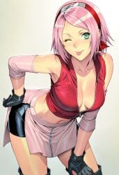 1girls ai_generated cleavage female female_only green_eyes naruto_(series) pink_hair sakura_haruno short_hair solo solo_female tagme