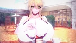 1girls artoria_pendragon artoria_pendragon_(lancer) big_breasts blonde_hair boob_window bra bra_outline bra_strap cafe cake cherry cleavage fate/grand_order fate_(series) frilled_bra glasses green_eyes milf older_female paracetamolkoi tea_cup voluptuous voluptuous_female white_shirt